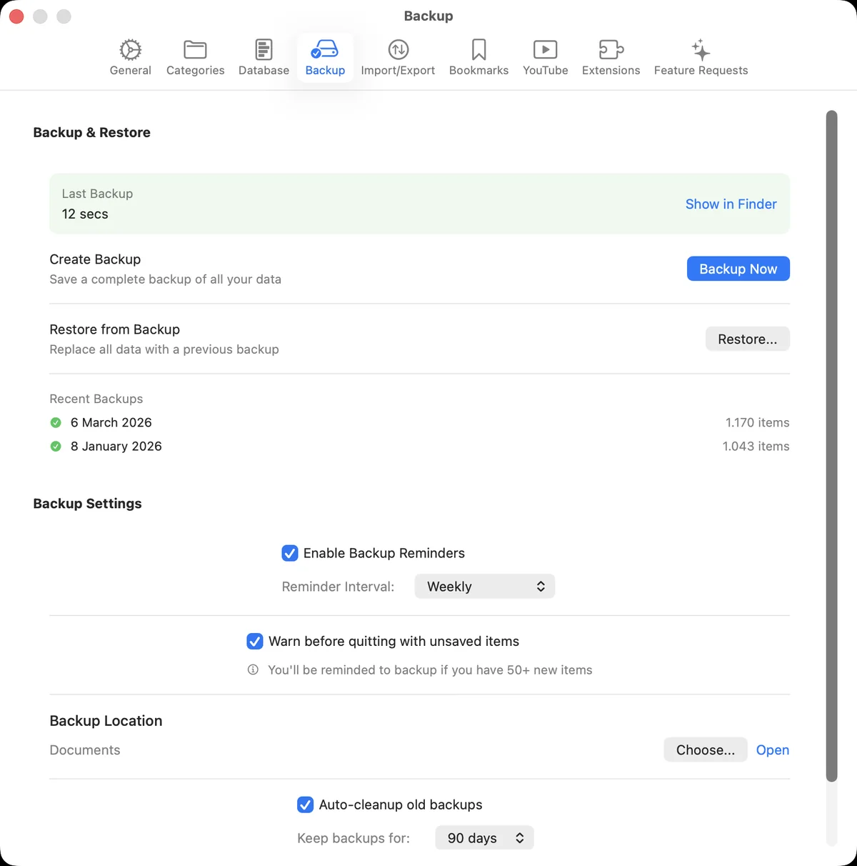 Corixa backup settings with reminders and backup location