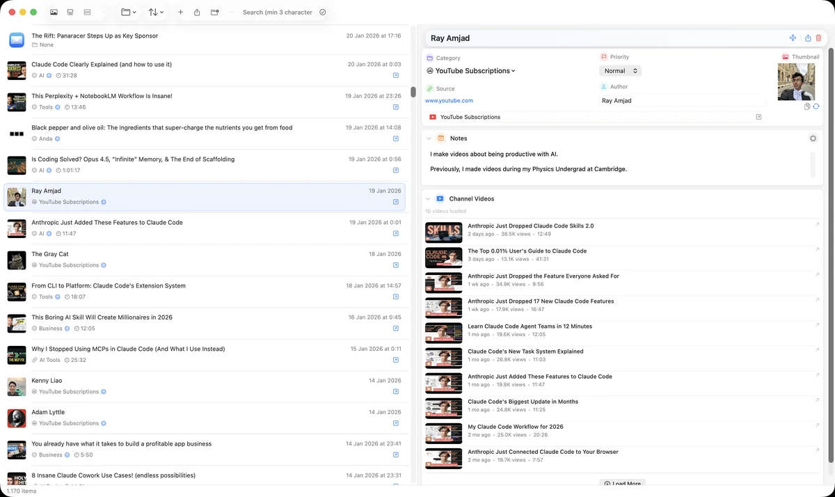Corixa showing a saved video next to the latest uploads from its channel