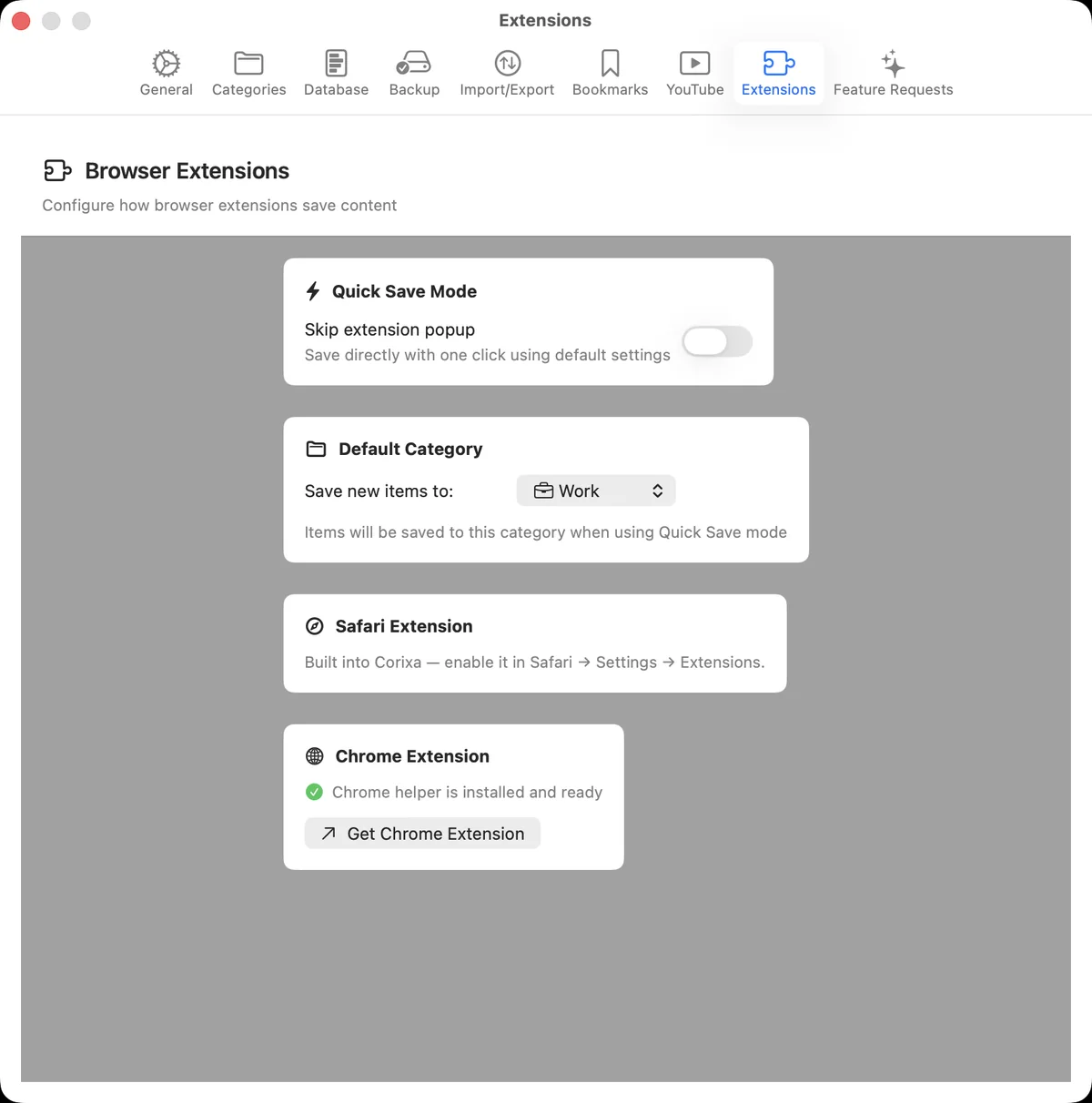 Corixa settings for the Safari and Chrome extensions and Quick Save mode