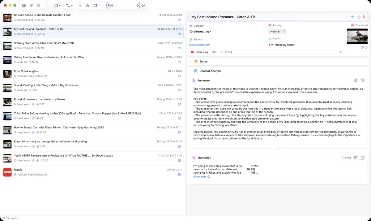 Corixa library: saved YouTube videos in a list, the selected video's details and its summary on the right
