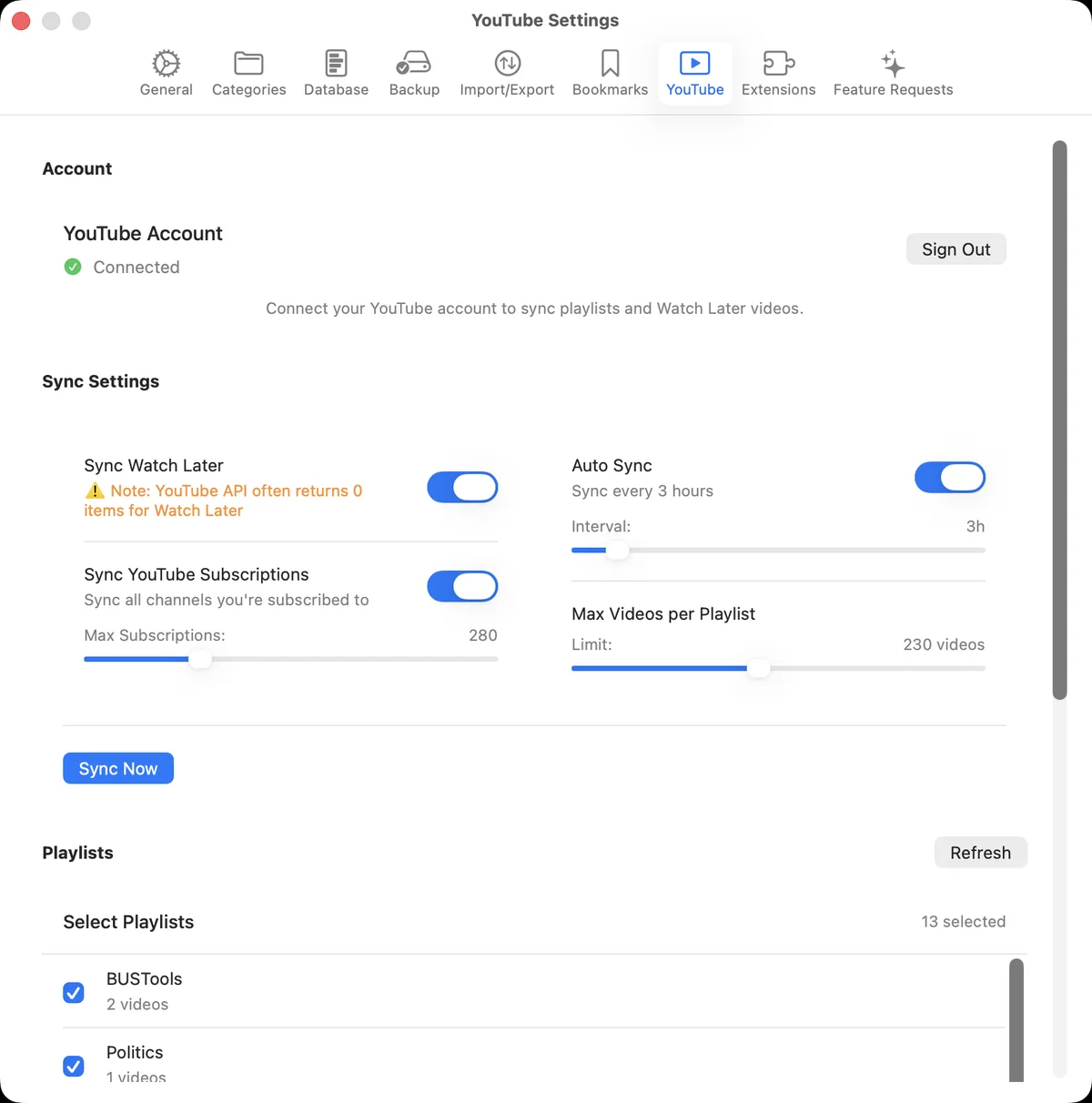 Corixa YouTube settings with account, subscription sync and playlist selection