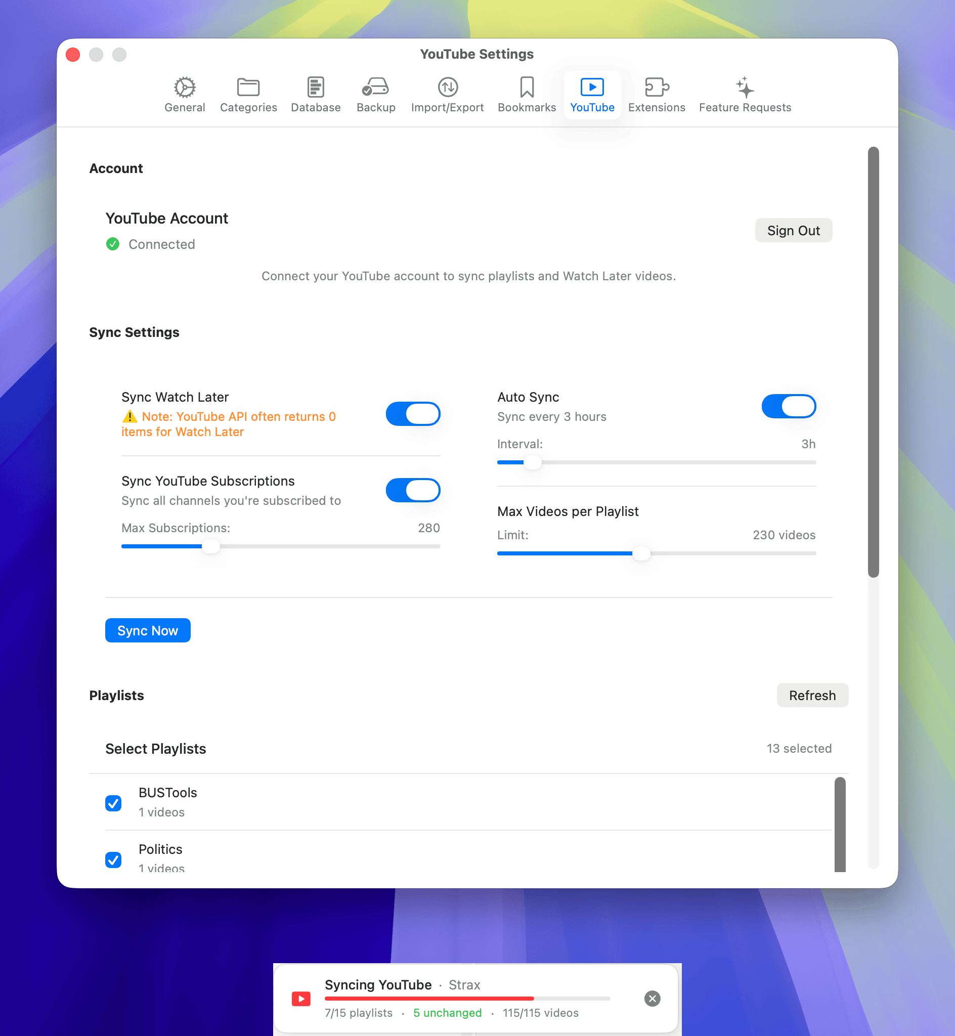 Corixa YouTube integration showing subscription management