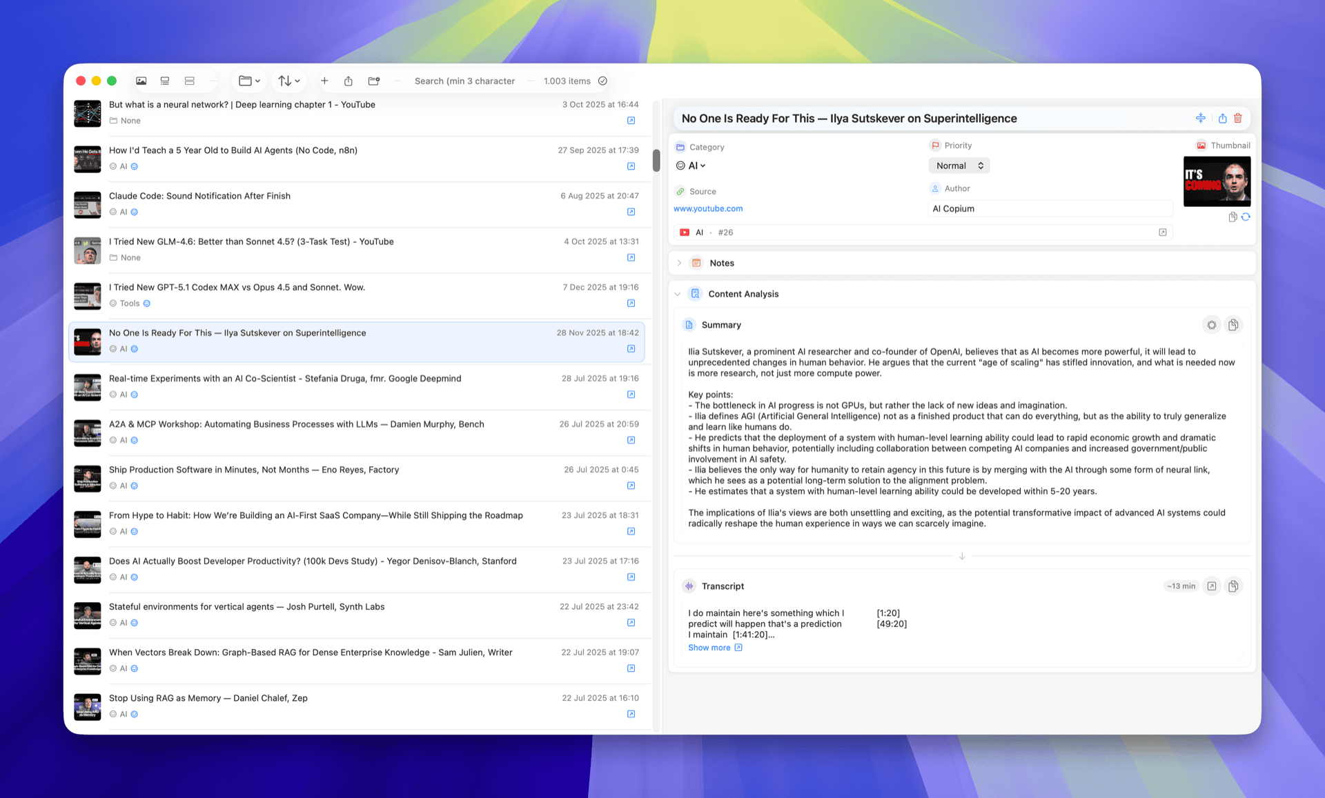 Corixa - Digital content manager showing the main interface with saved items, categories, and YouTube integration