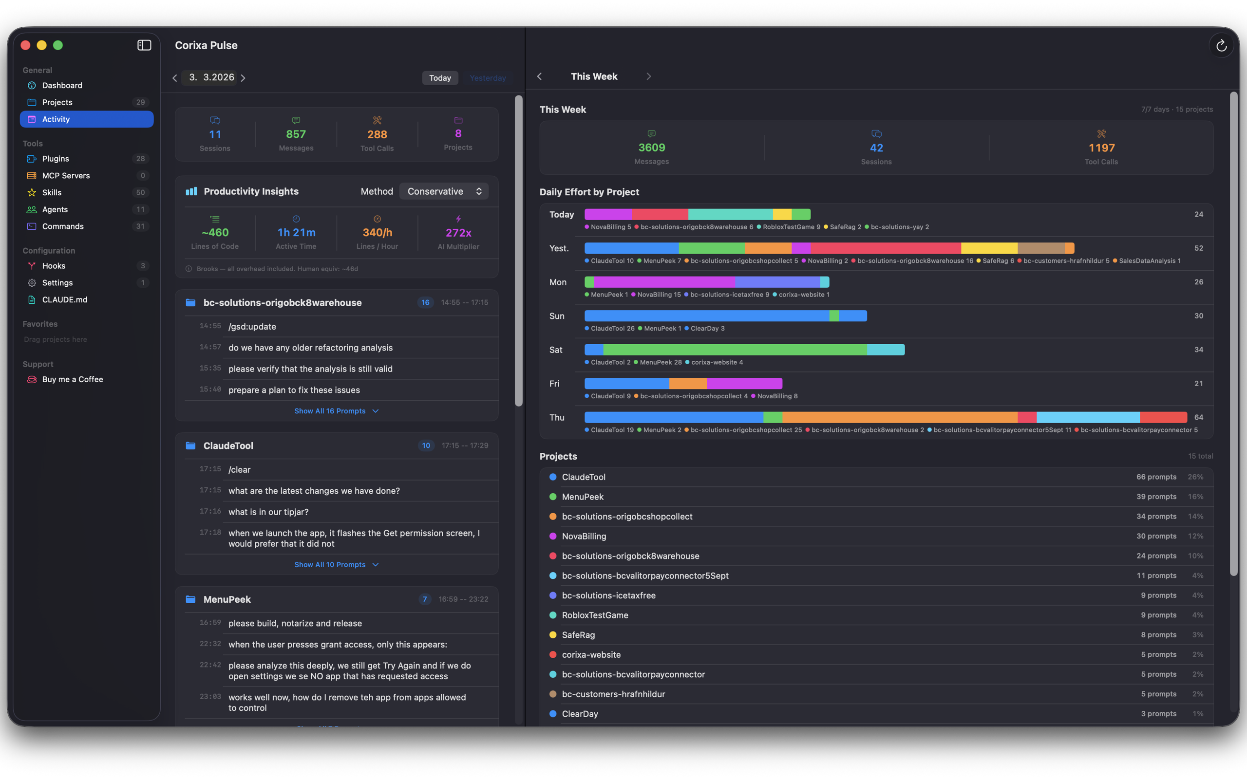 Corixa Pulse Activity view showing daily activity breakdown with per-project grouping and weekly overview