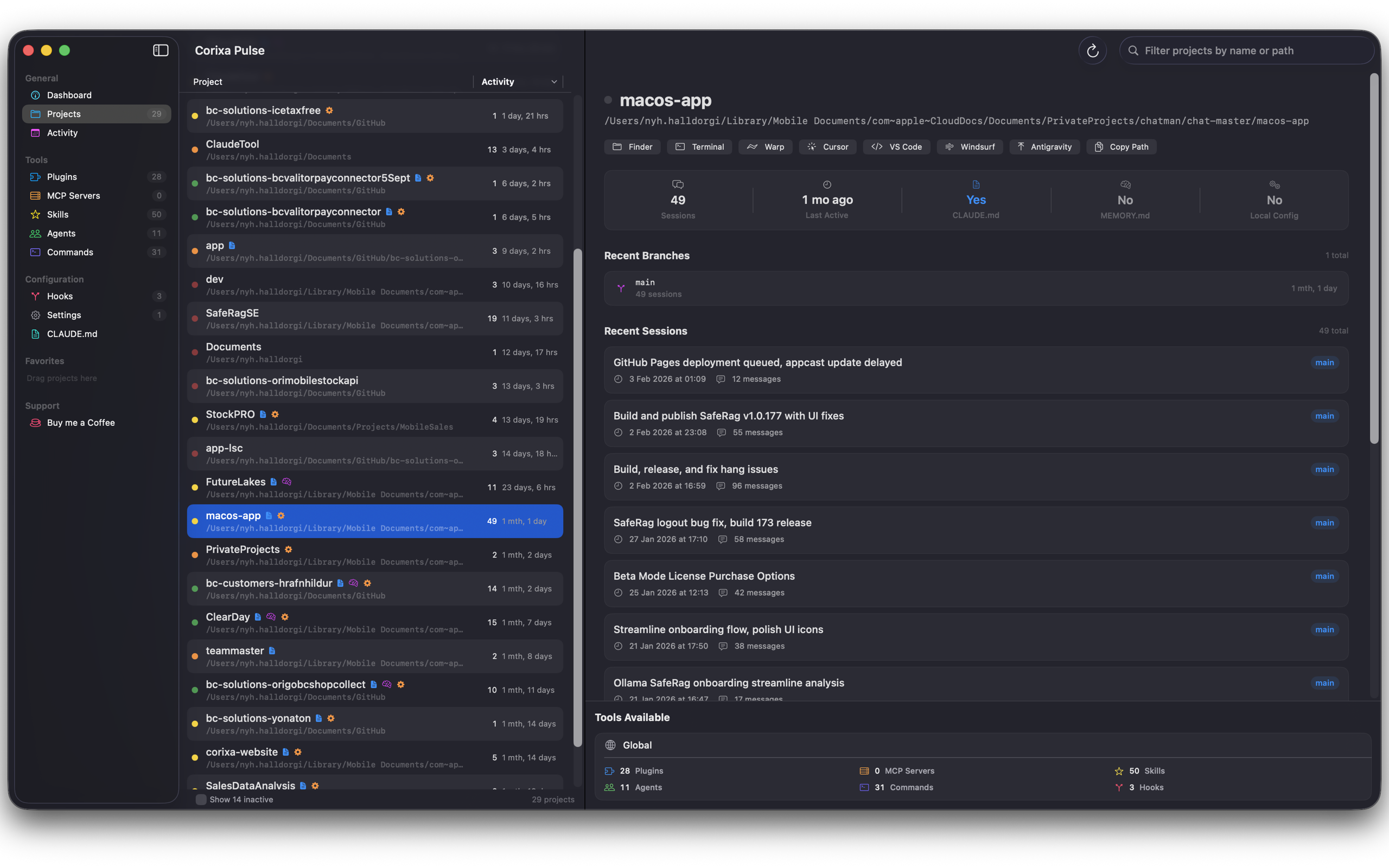 Corixa Pulse Project Explorer showing project list with session counts, last active times, branches, and editor launch buttons