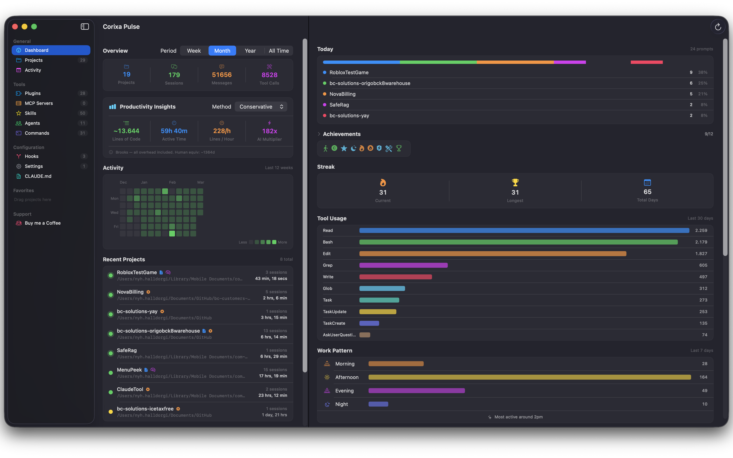 Corixa Pulse plan selector for choosing Claude subscription tier