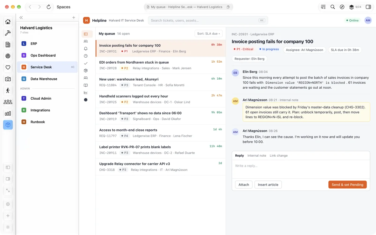 The same space switched to the client's service desk with an open ticket