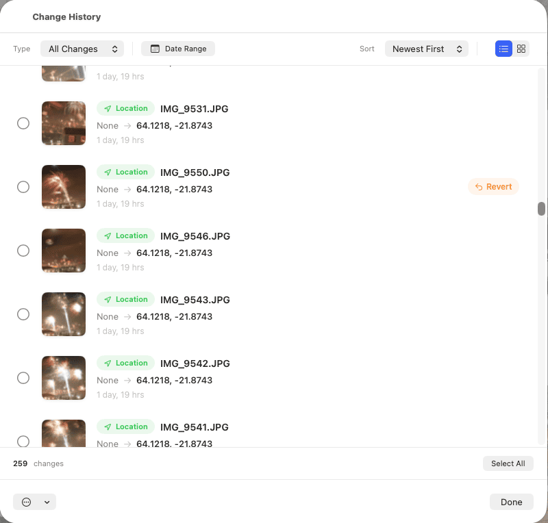 Pixata Change History showing all edits with one-click revert