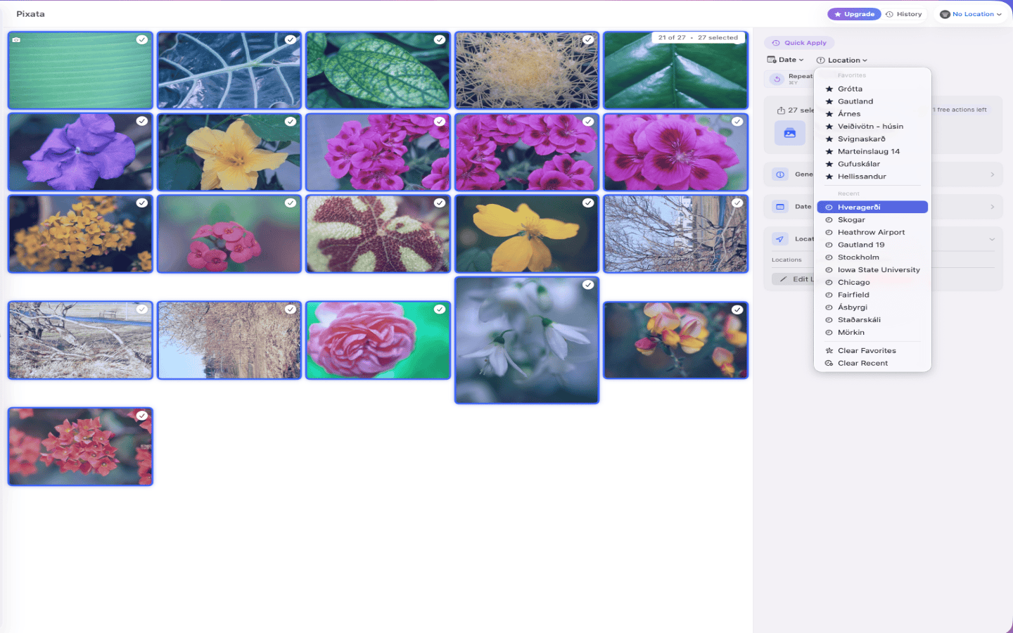 Pixata batch date editing interface with date picker and shift controls