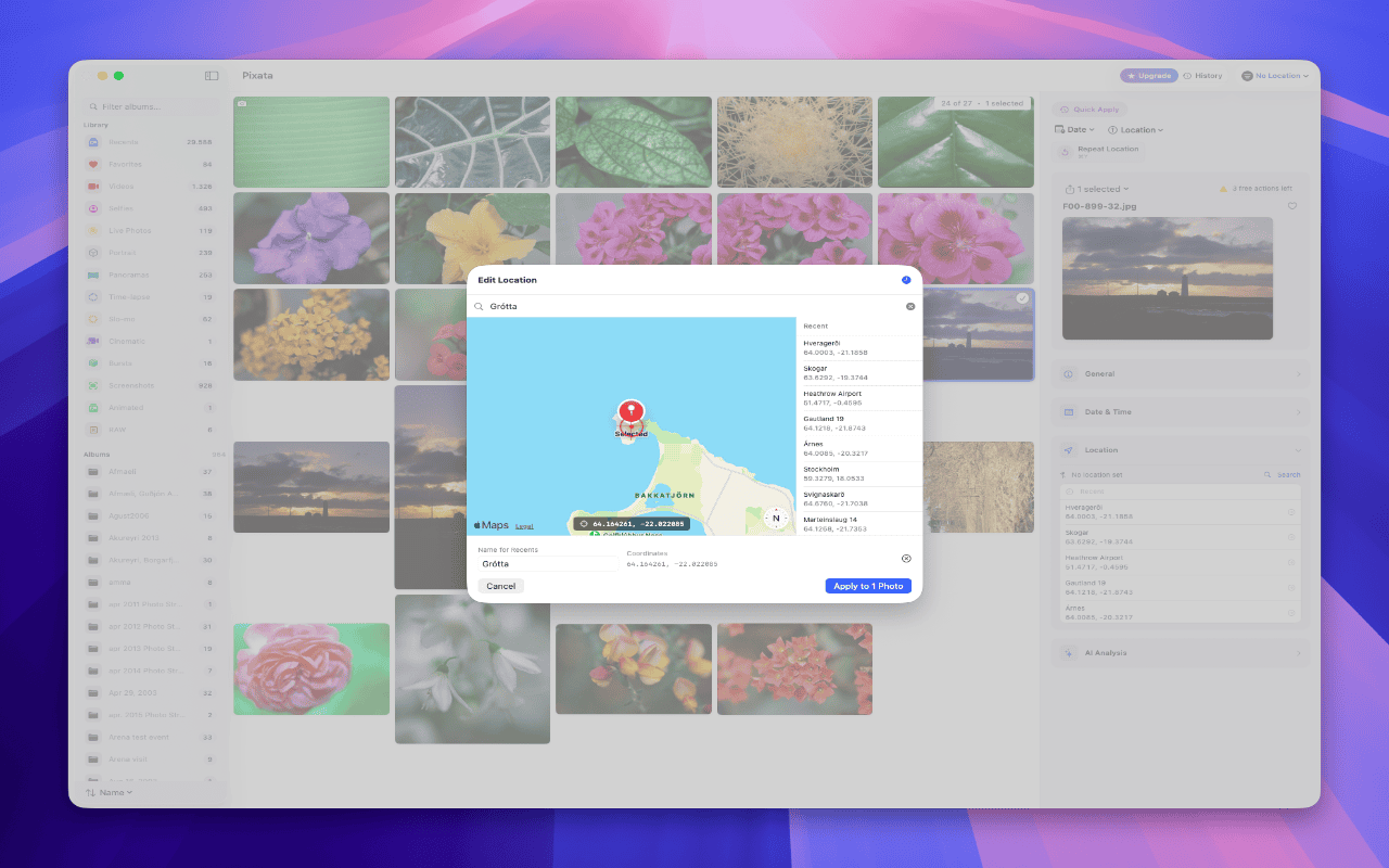 Pixata map location picker for adding GPS coordinates to photos