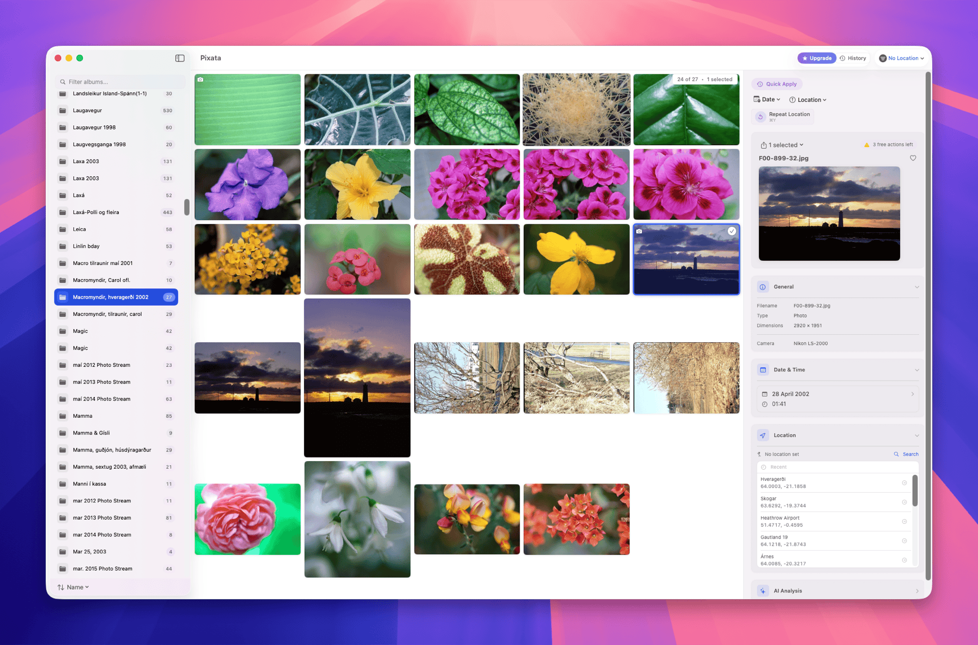 Pixata three-pane layout showing album sidebar, photo grid, and metadata panel