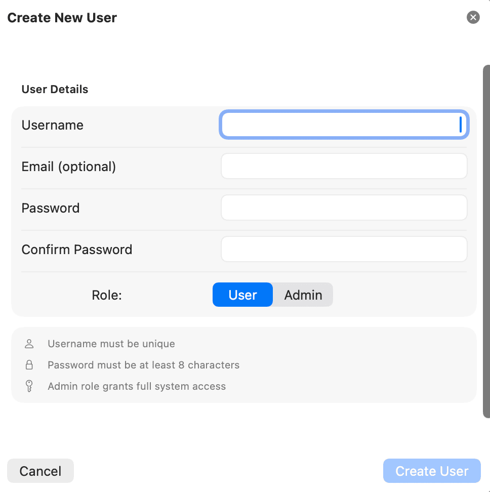 Create new user dialog - step 1