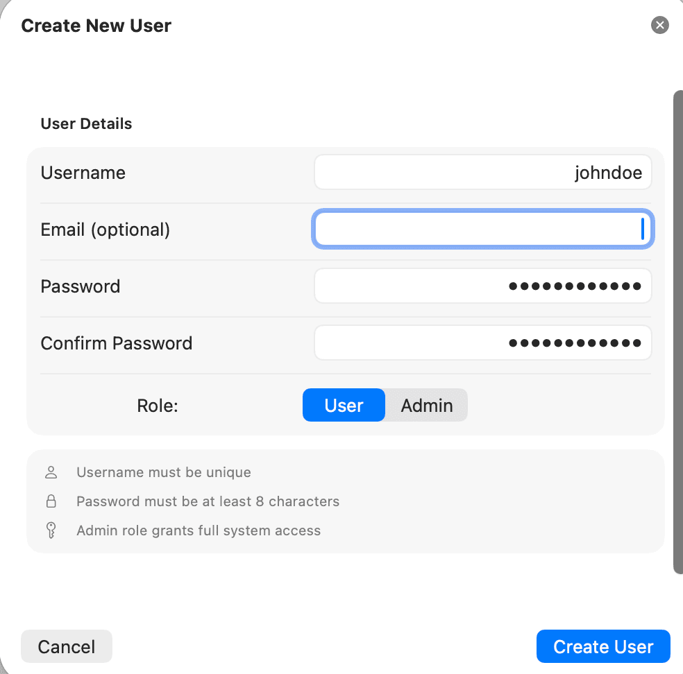 Create new user dialog - step 2