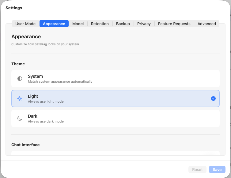 Appearance settings tab