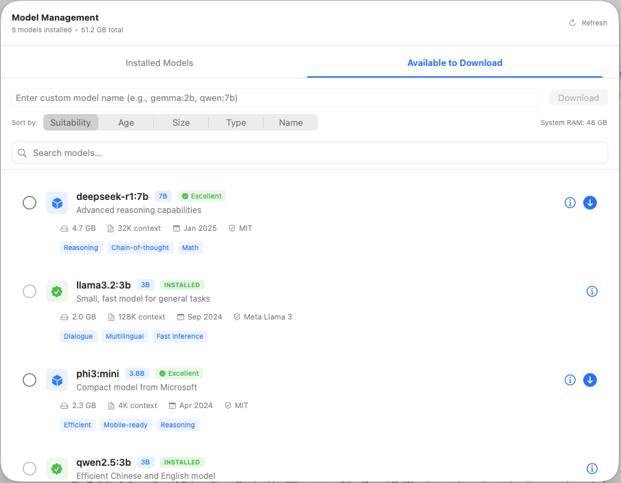 Available models catalog