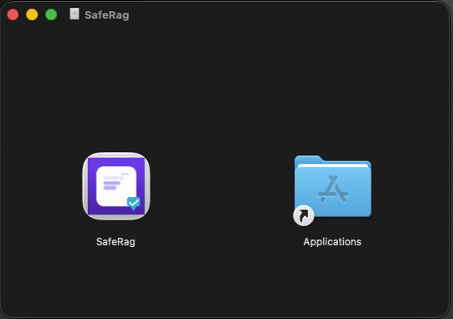 SafeRag DMG installer window showing drag to Applications