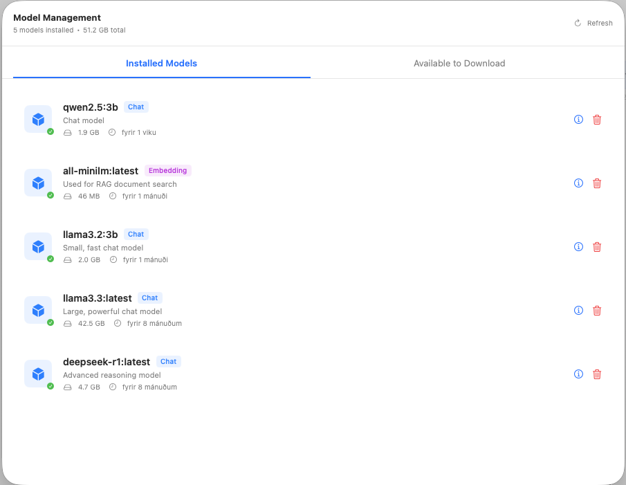 Installed models list