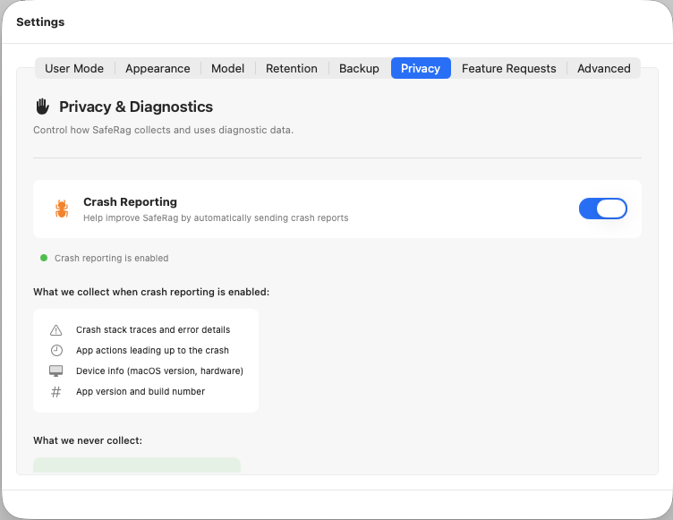Privacy settings tab