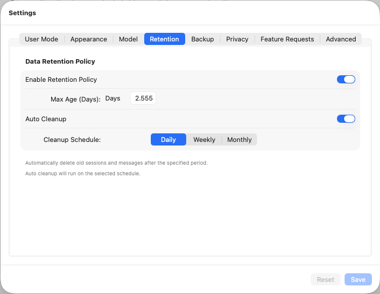 Retention settings tab
