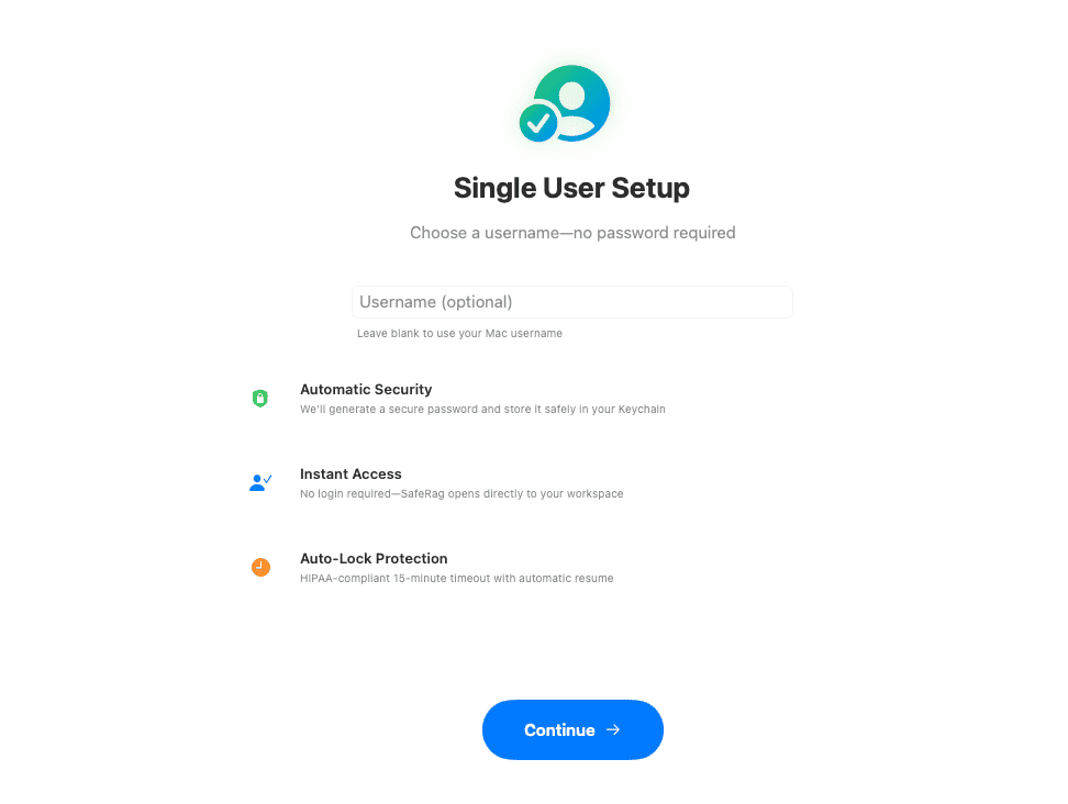 Single User Setup screen