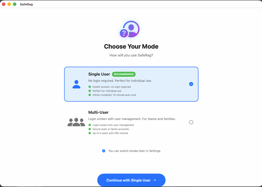 User mode selection screen