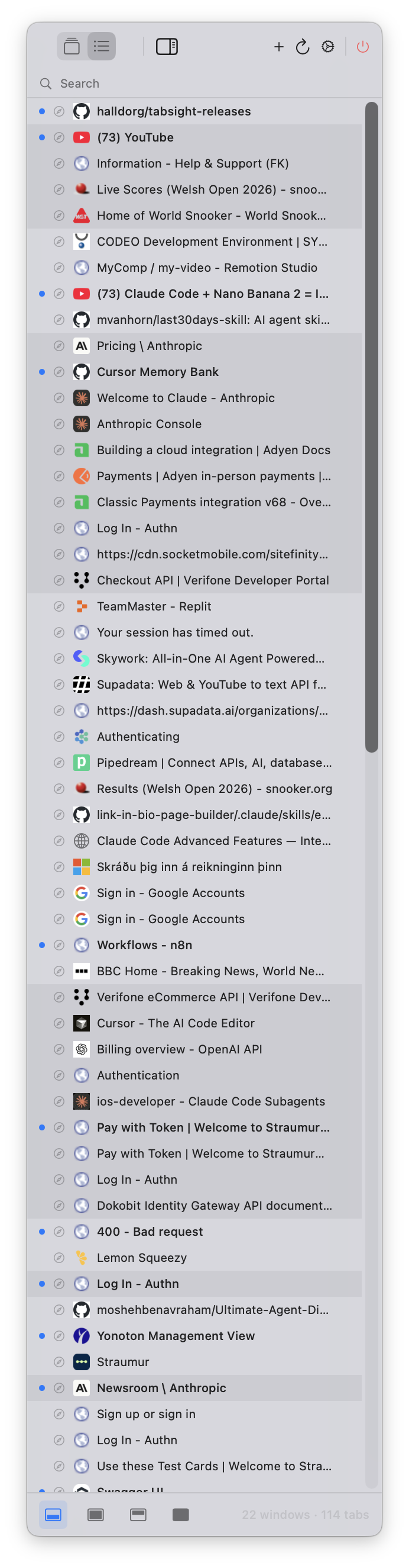 TabSight floating dock showing browser tabs