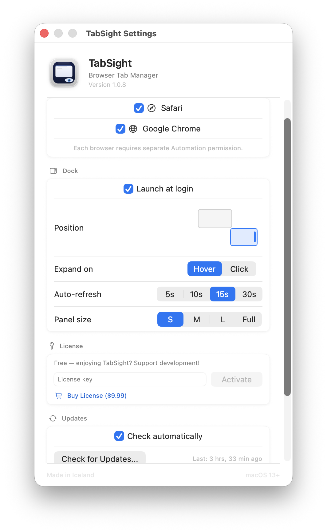 TabSight Settings panel showing browser, dock, and update options